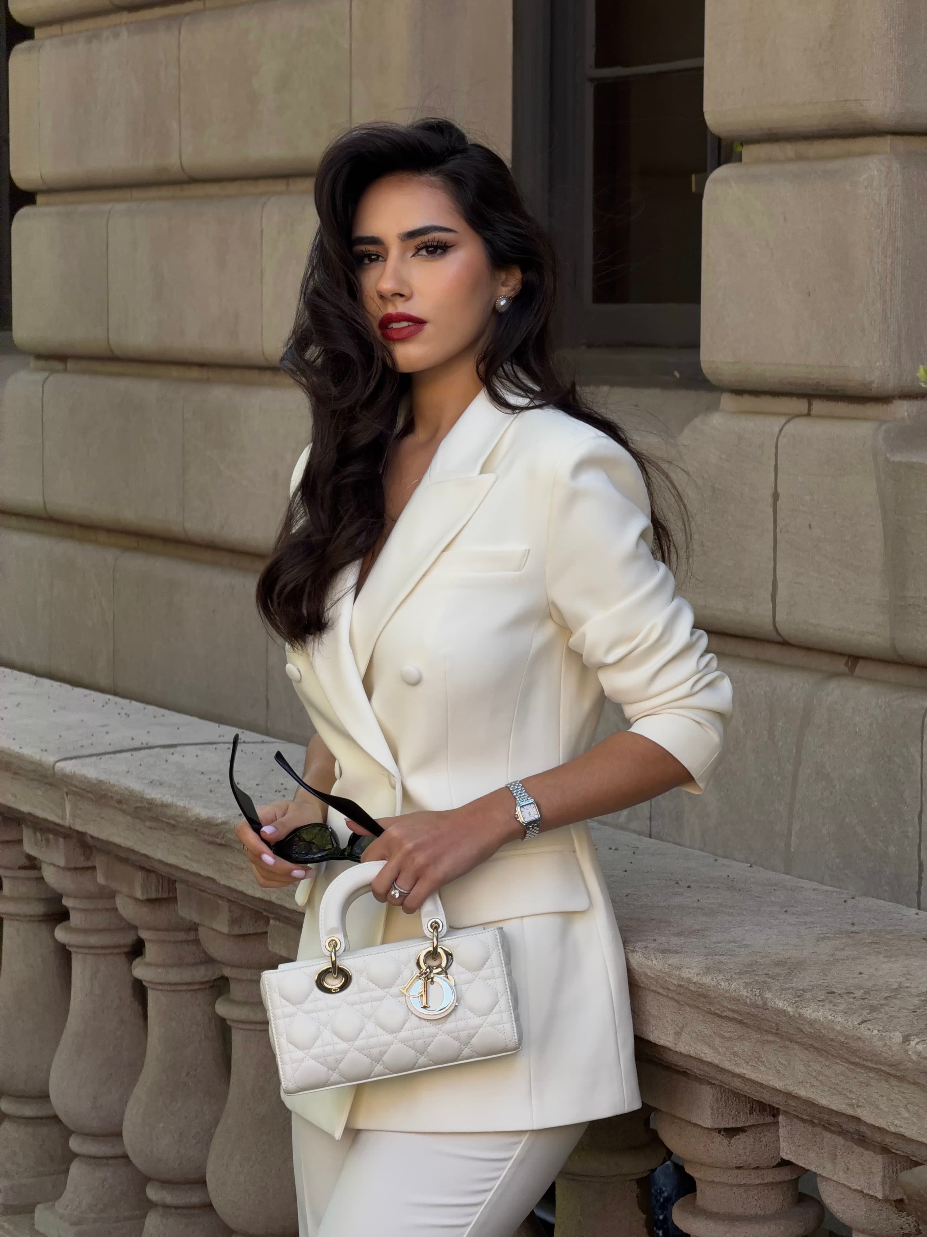 Chryssa Handis in a white tailored look in New York City